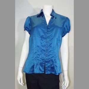 Blue Satin Button Up Short Sleeved Blouse - Large